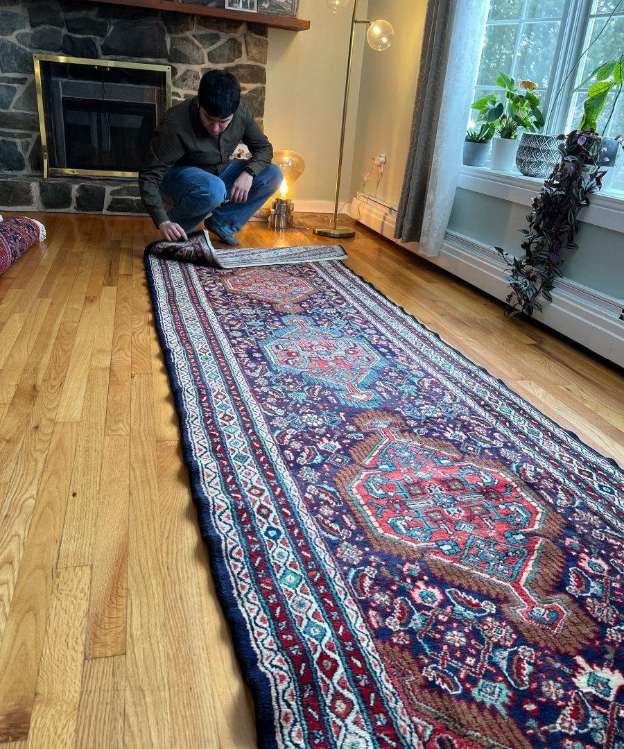 Long runner rug with ornate red and blue geometric motifs, dark border