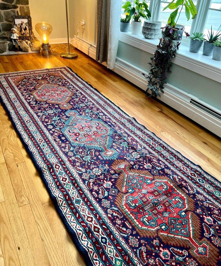 Persian Hamadan runner rug with red, blue and navy medallion pattern