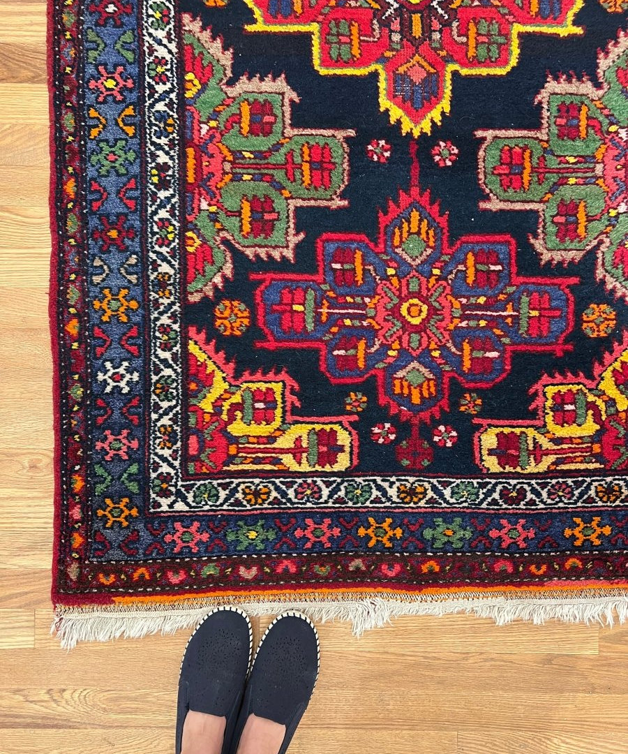 Close-up of navy Persian runner rug border with red and green ornamental motifs