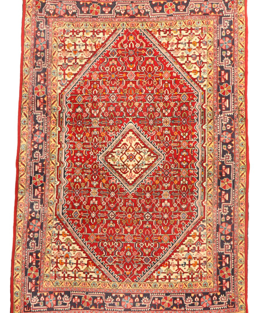 Persian Jozan rug full view: red ornate medallion with patterned border and small corner diamonds.