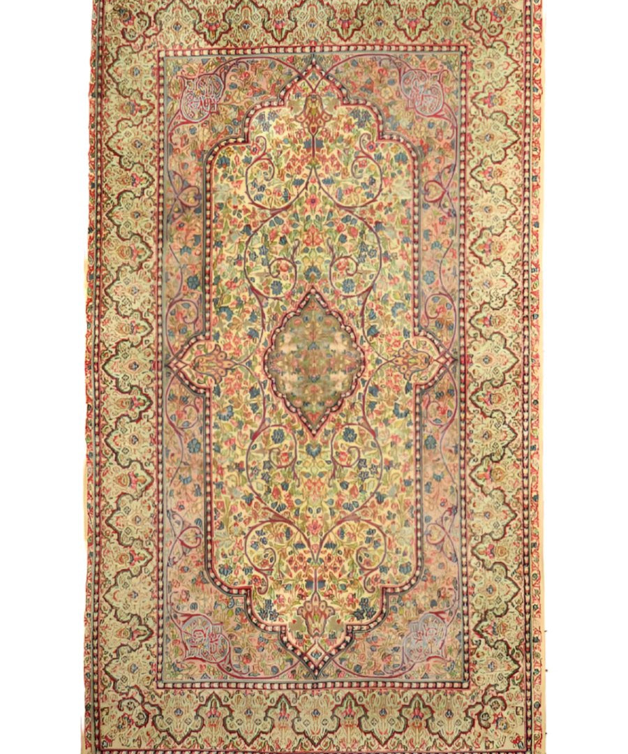 Persian rug flat view with cream ground, central medallion, and red border