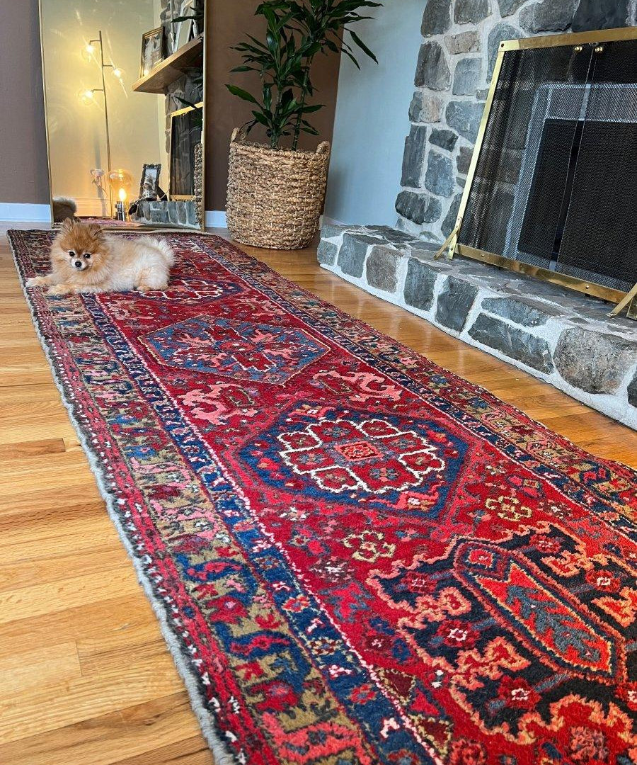 Persian Meshkin rug runner with red and blue geometric medallion pattern, short fringe
