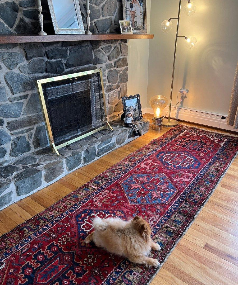 Persian Meshkin runner rug, dark red with blue geometric medallion pattern