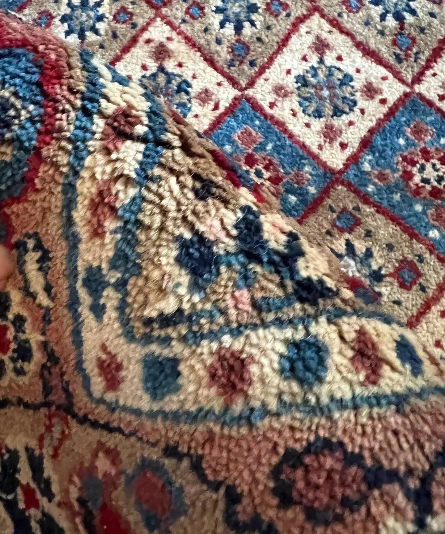 Persian-style runner rug corner close-up with fringed edge and red, blue, cream motifs
