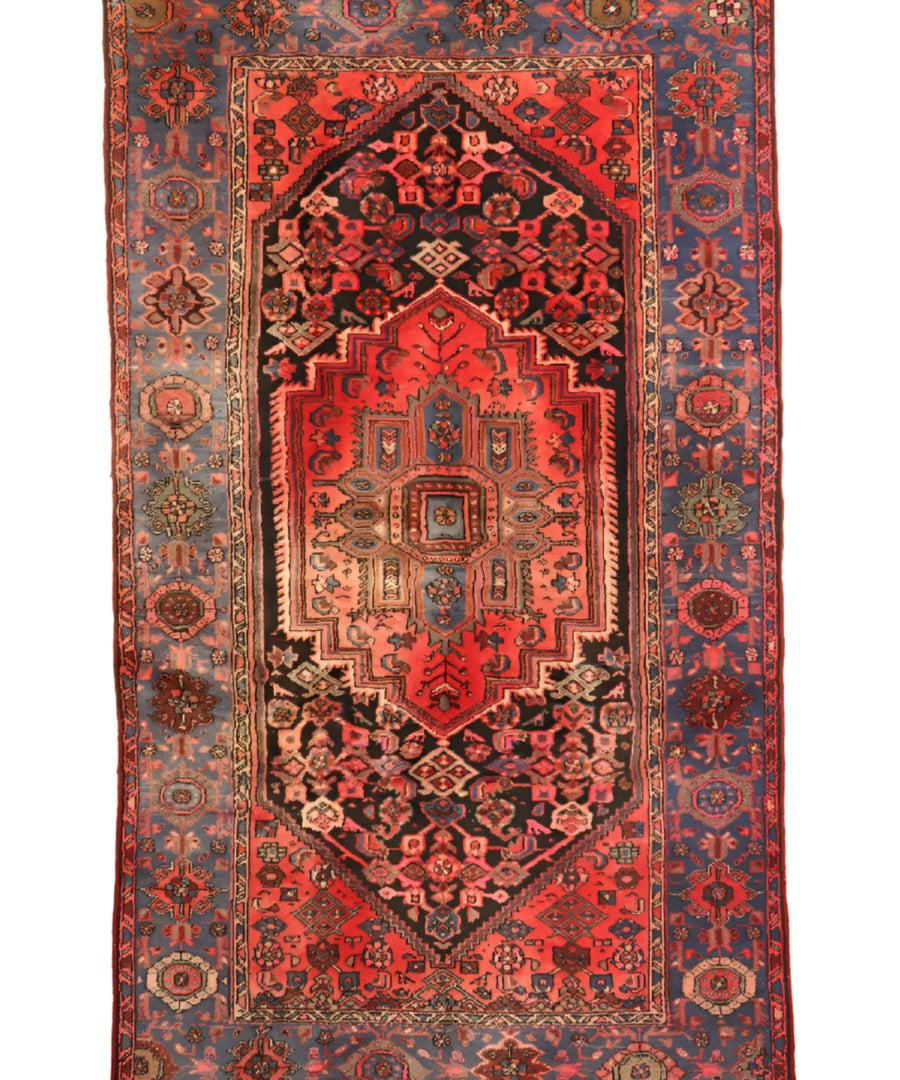 Red Persian Qoltoq rug with central diamond medallion and decorative border motifs