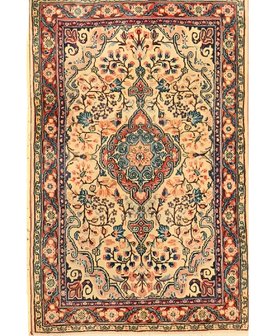 Sarouk rug front view, cream floral pattern with central medallion and multicolor border, fringe