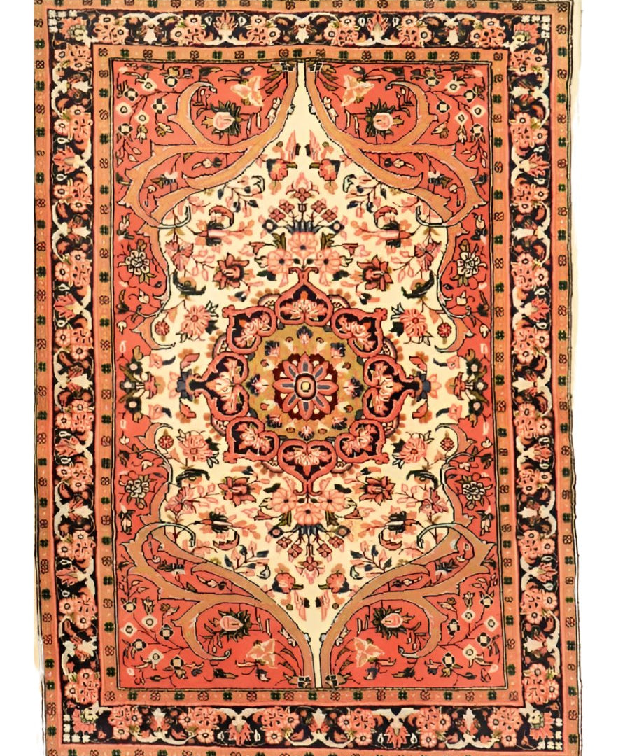 Persian Sarouk rug flat view with red and cream medallion centerpiece and dark ornamental border