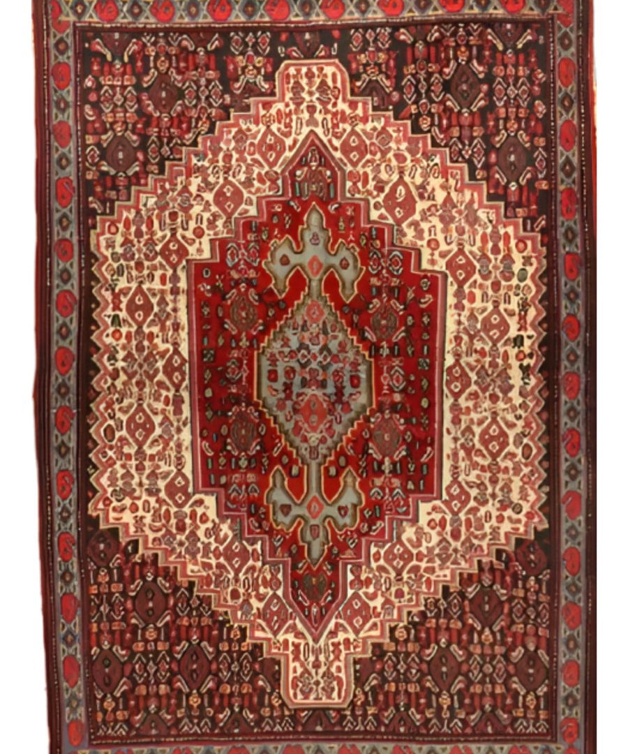 Persian-style rug with central medallion in red, cream, and blue, dark border