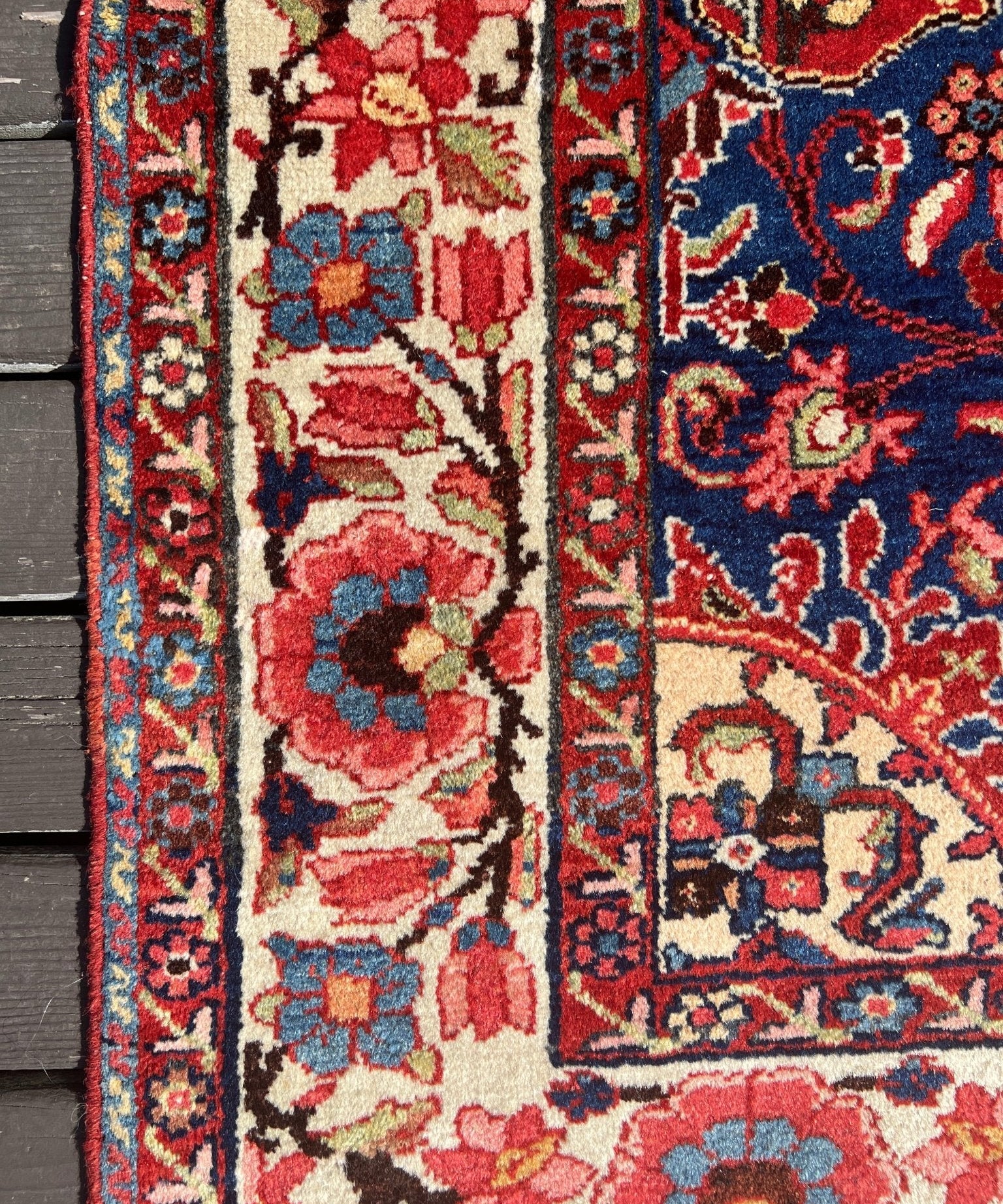 Persian Tafresh rug detail: red, navy, and cream floral motifs along an ornate border
