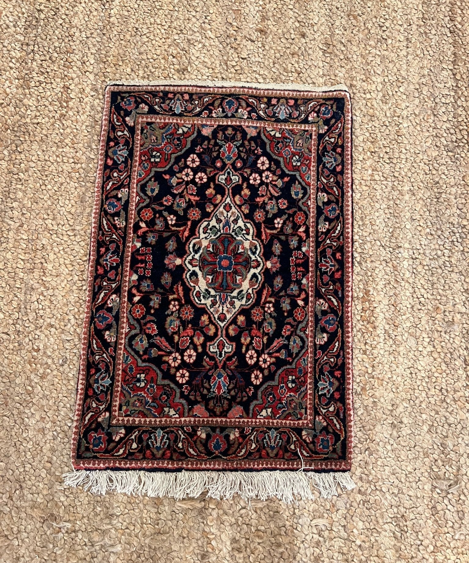 Small rug with navy base, central medallion, red blue motifs, fringed border