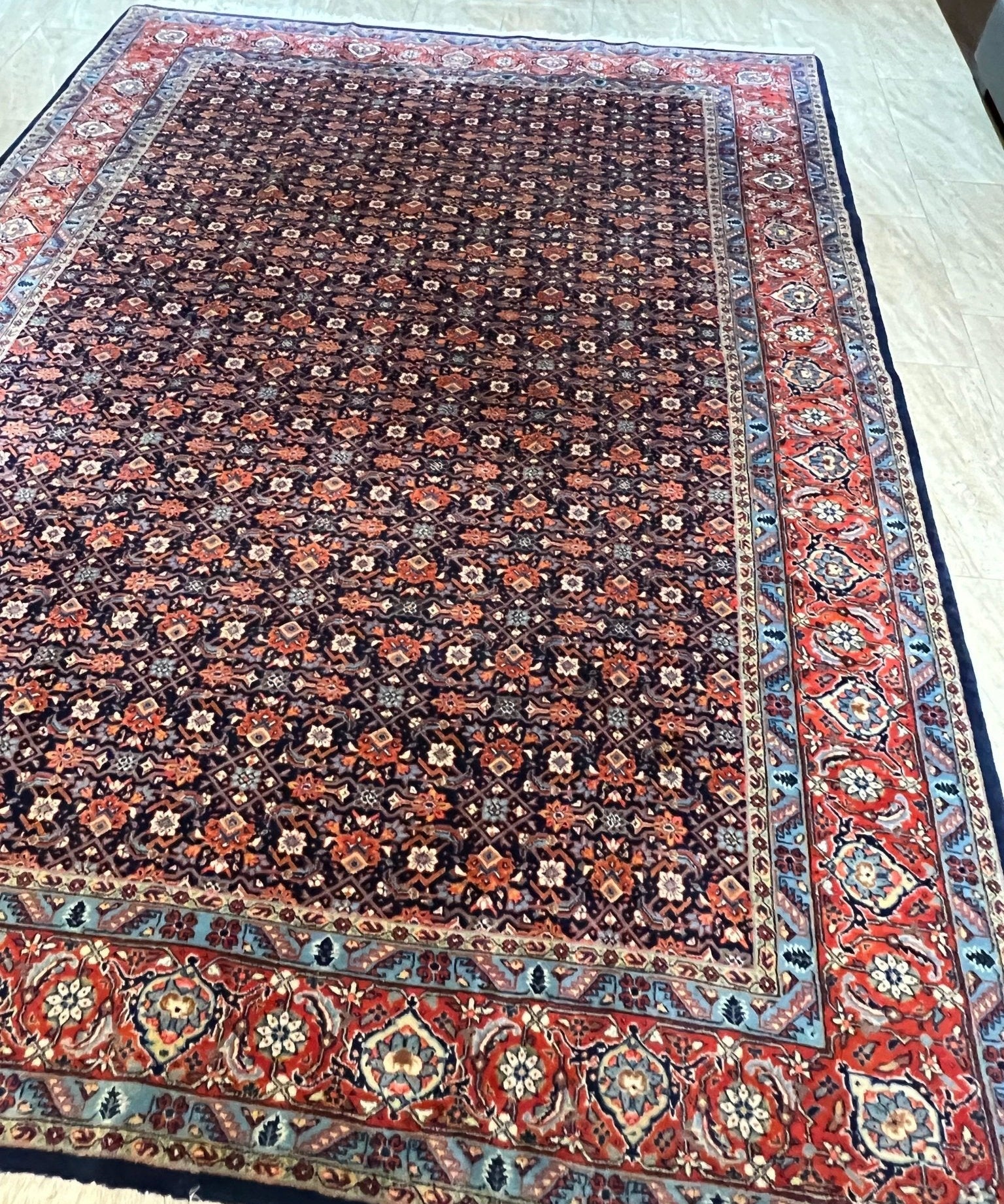 Persian Sarouk rug with dark central field, floral motifs, and wide red border