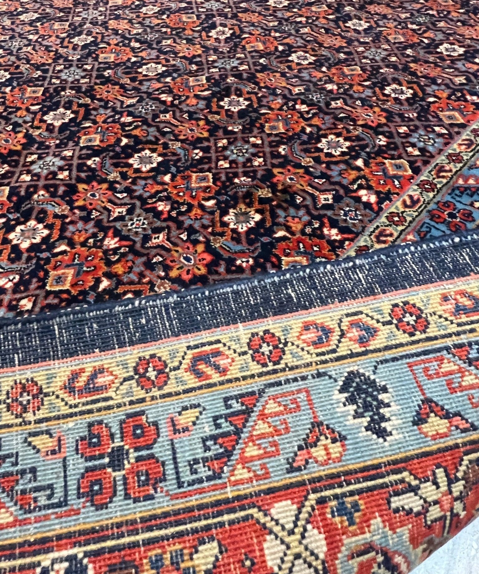 Persian Sarouk rug close-up of border pattern in red, blue, and cream motifs