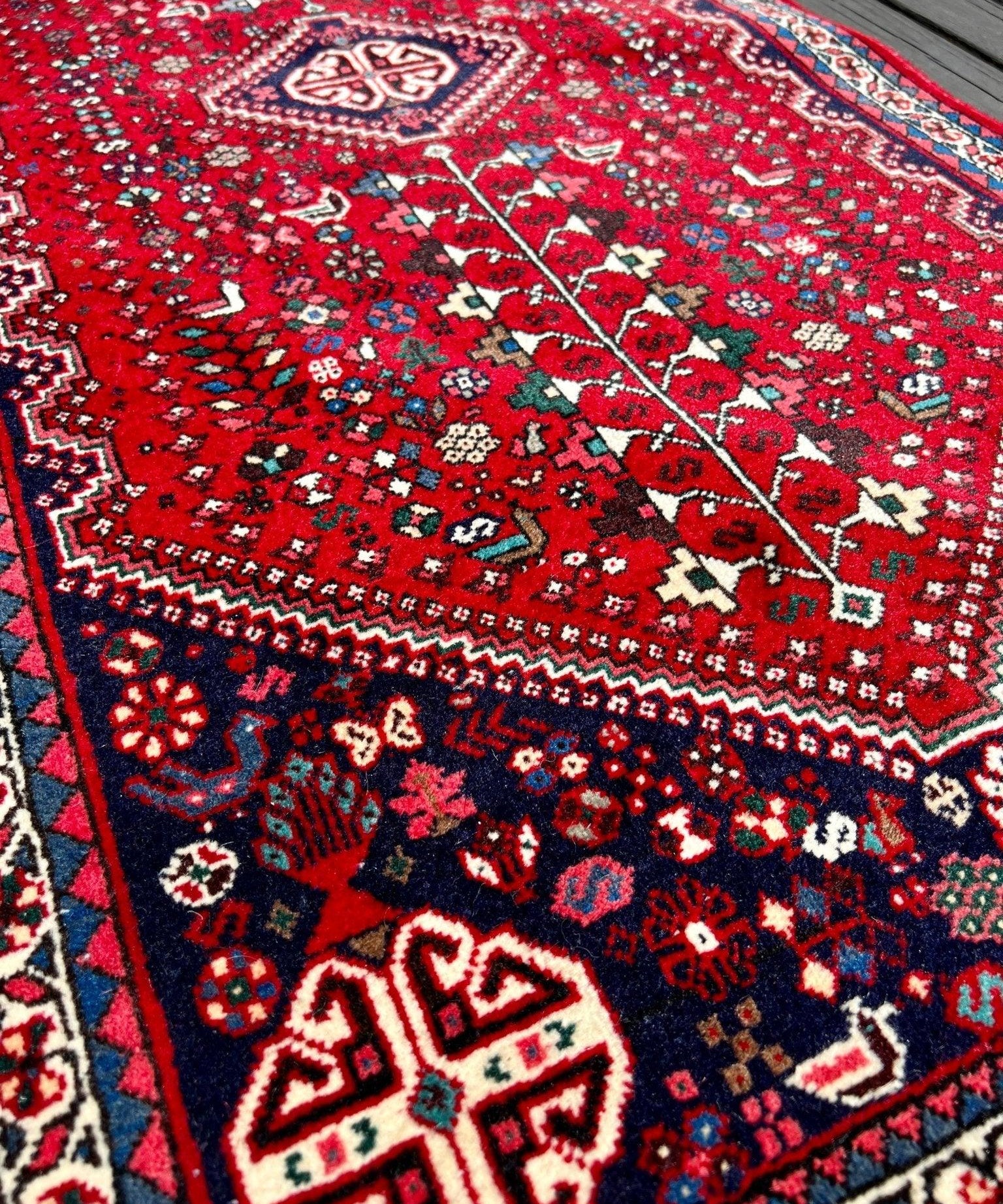 Persian Abadeh rug with red background, white and blue geometric borders