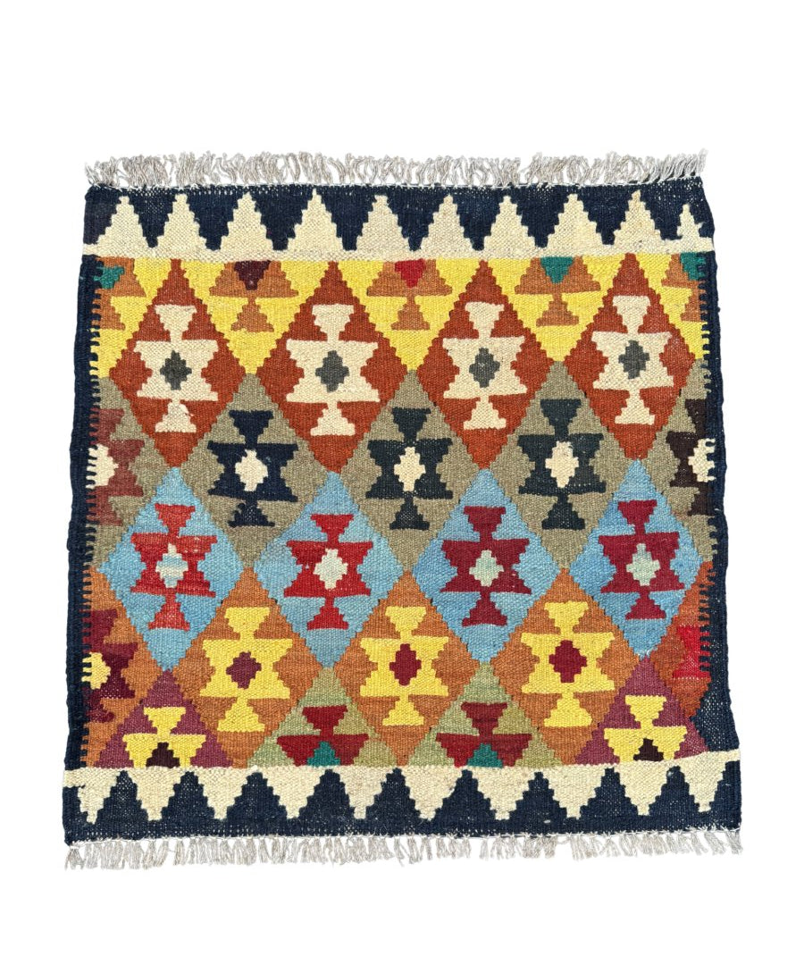 Tiny Afghan kilim rug with geometric diamond pattern and multicolor border, fringed edge