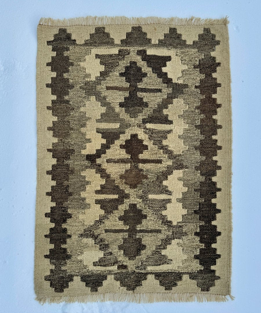 Tiny Persian Qashqai kilim rug, cream and dark gray geometric pattern with fringe