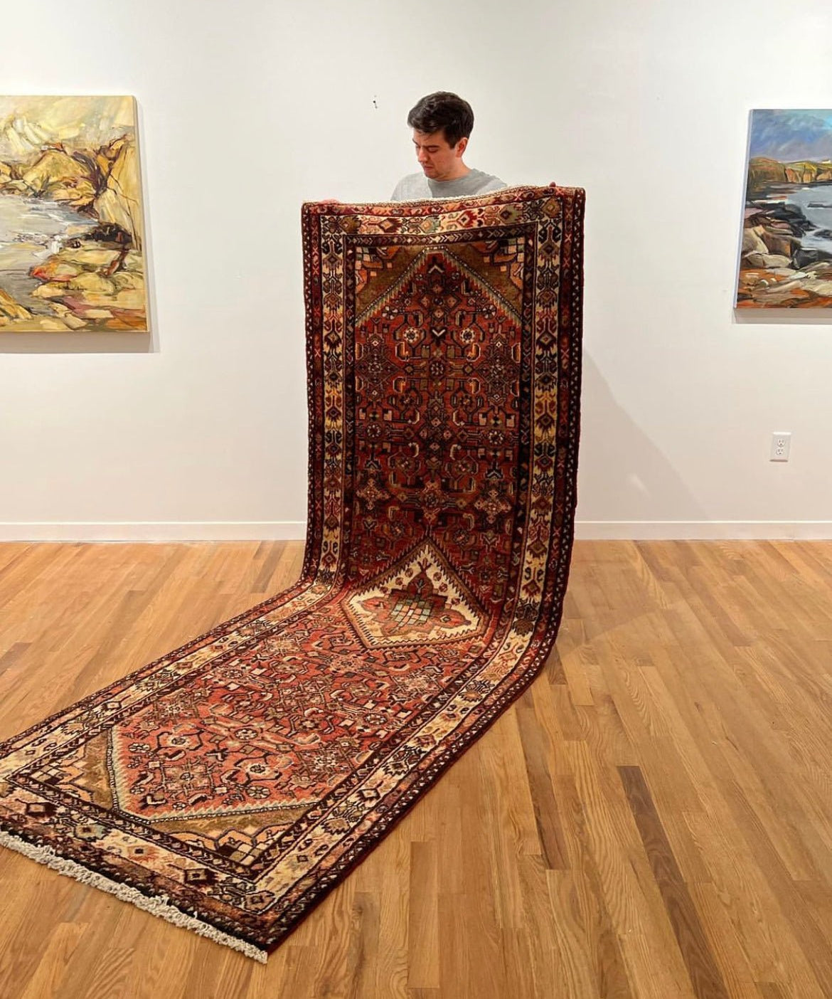 Vintage patterned runner rug in red with central medallion and detailed borders
