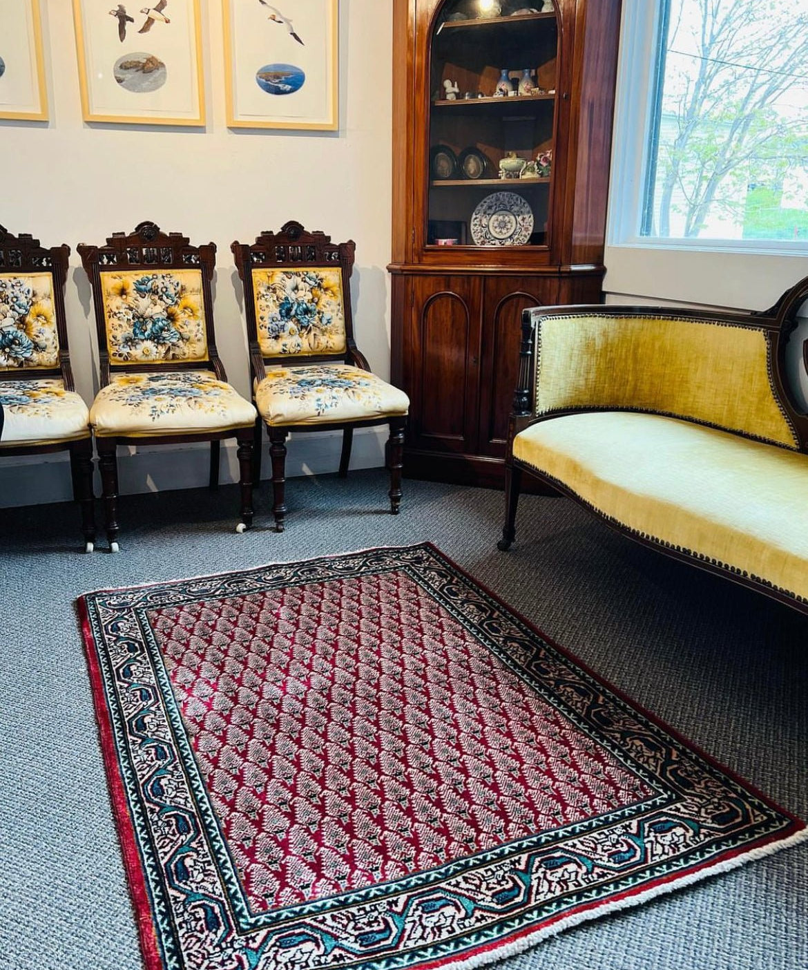 Tabriz rug, red field with navy and blue geometric border, 5 ft x 3 ft